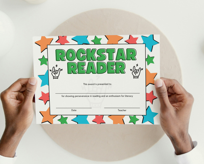 Printed Rockstar Reader Award Pupil Certificate, A4 or A5 certificates, classroom management resources, teacher class resources, home school
