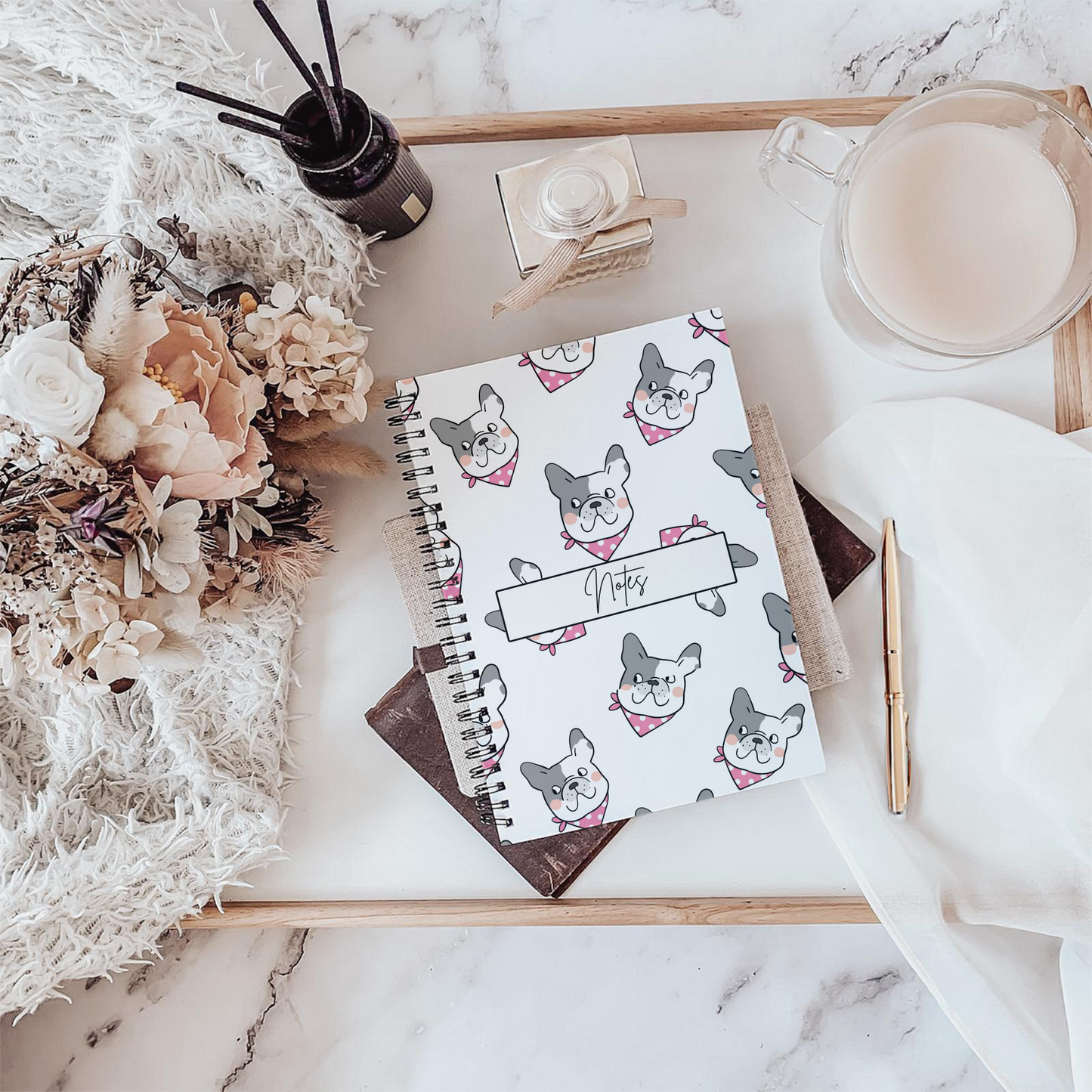 Pug White and Pink Notebook A5 - Card Cover