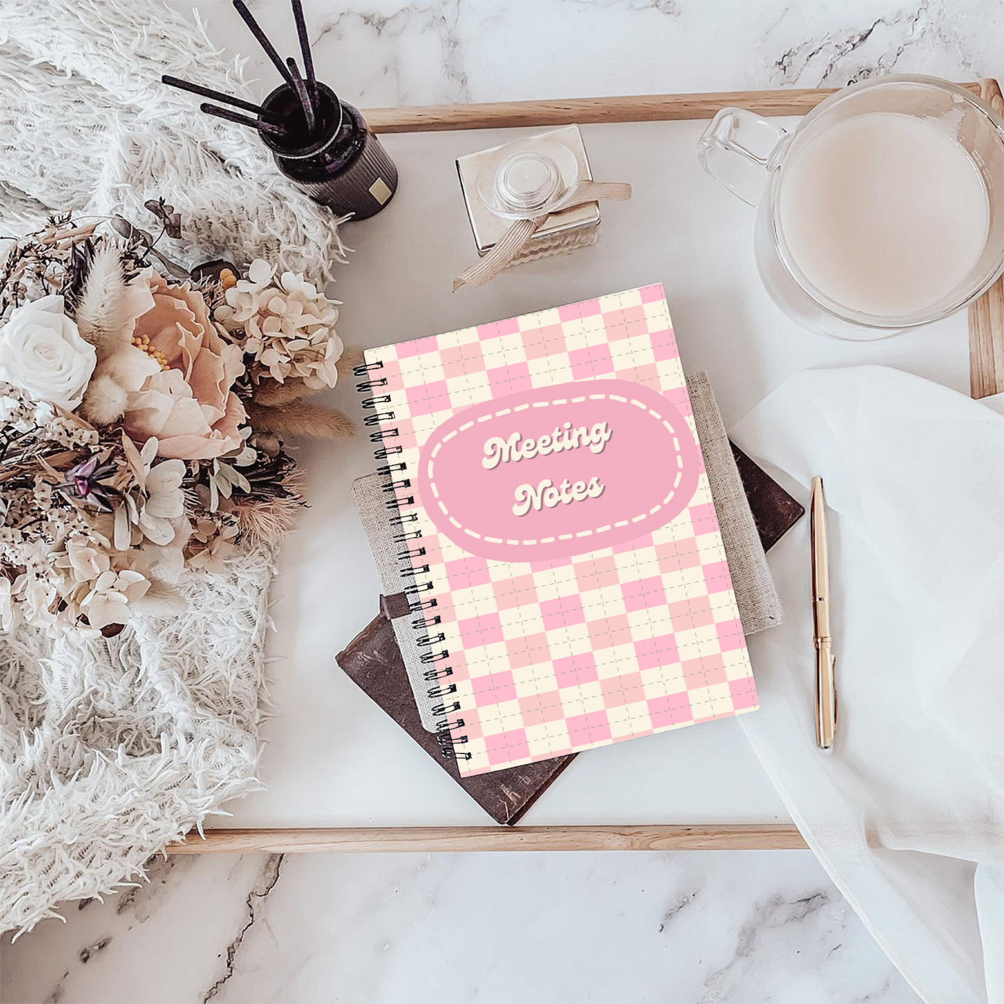 Meeting Notes Book Pink Checkerboard A5 or A4, Meeting Agenda Notes, Printed lined inserts, work stationery organiser