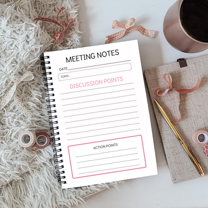 Meeting Notes Book Pink Flowers A5 or A4 - Card Cover, Meeting Agenda Notes, Printed lined inserts, work stationery organiser