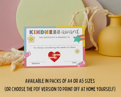 Printed Kindness Award Pupil Certificate, A4 or A5 certificates, classroom management resources, teacher class resources, home school