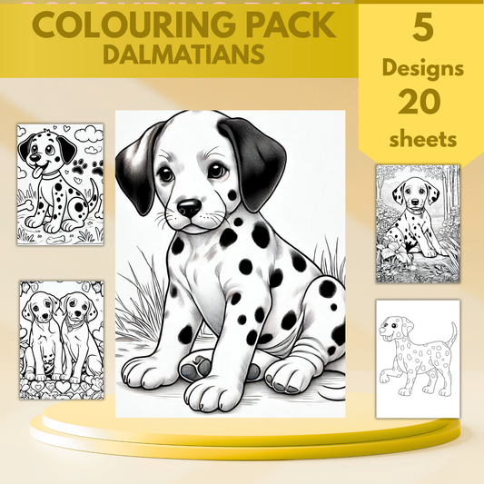 Dalmatian colouring sheet pack - 5 designs, 20 sheets, dog mum gift, Kids and Adult colouring pack