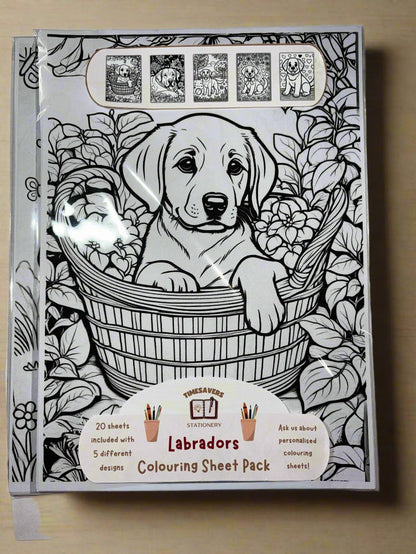 Labrador colouring sheet pack - 5 designs, 20 sheets