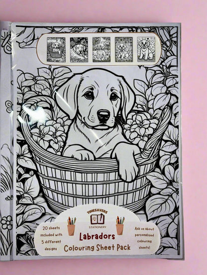 Labrador colouring sheet pack - 5 designs, 20 sheets