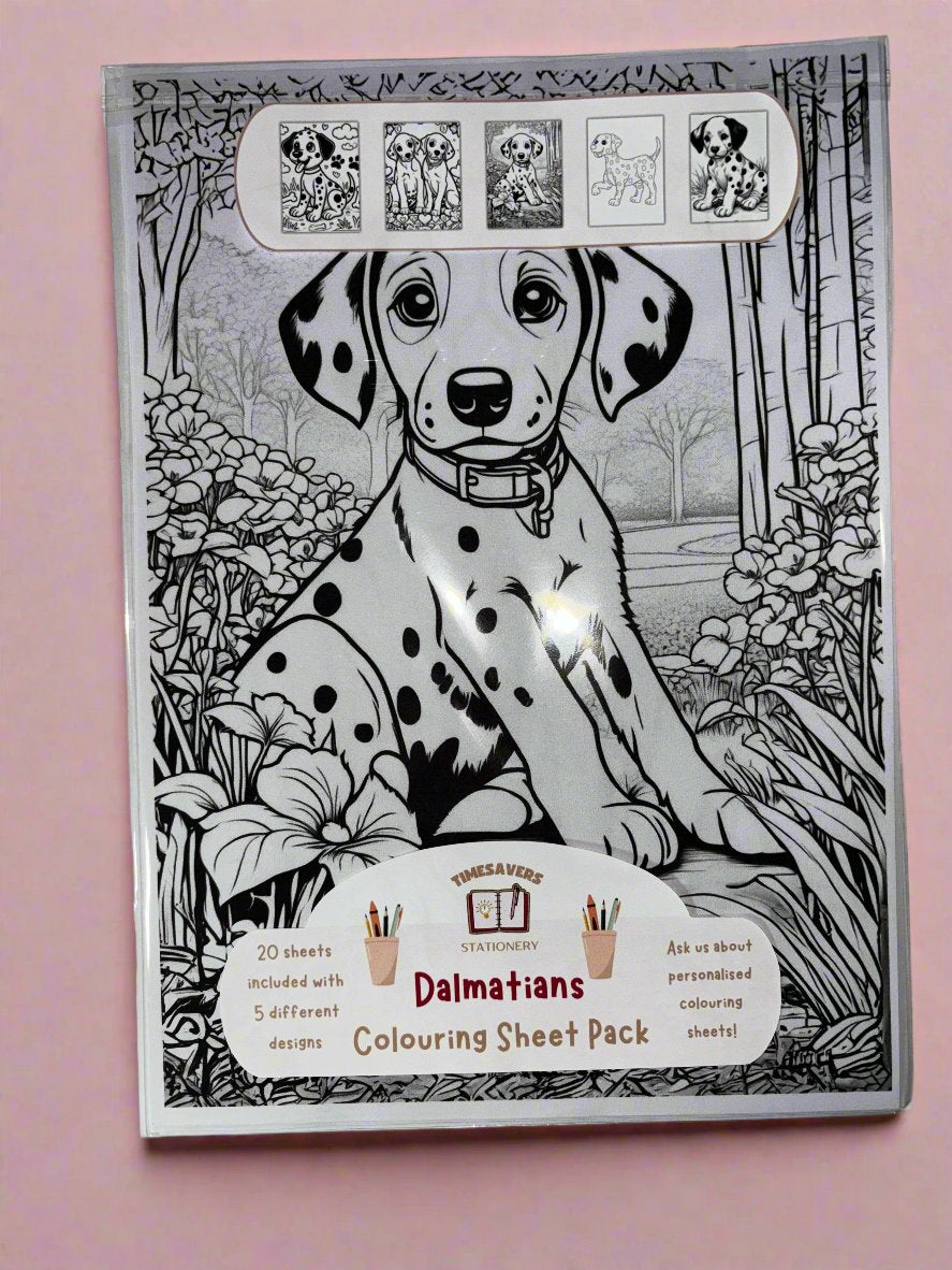 Dalmatian colouring sheet pack - 5 designs, 20 sheets