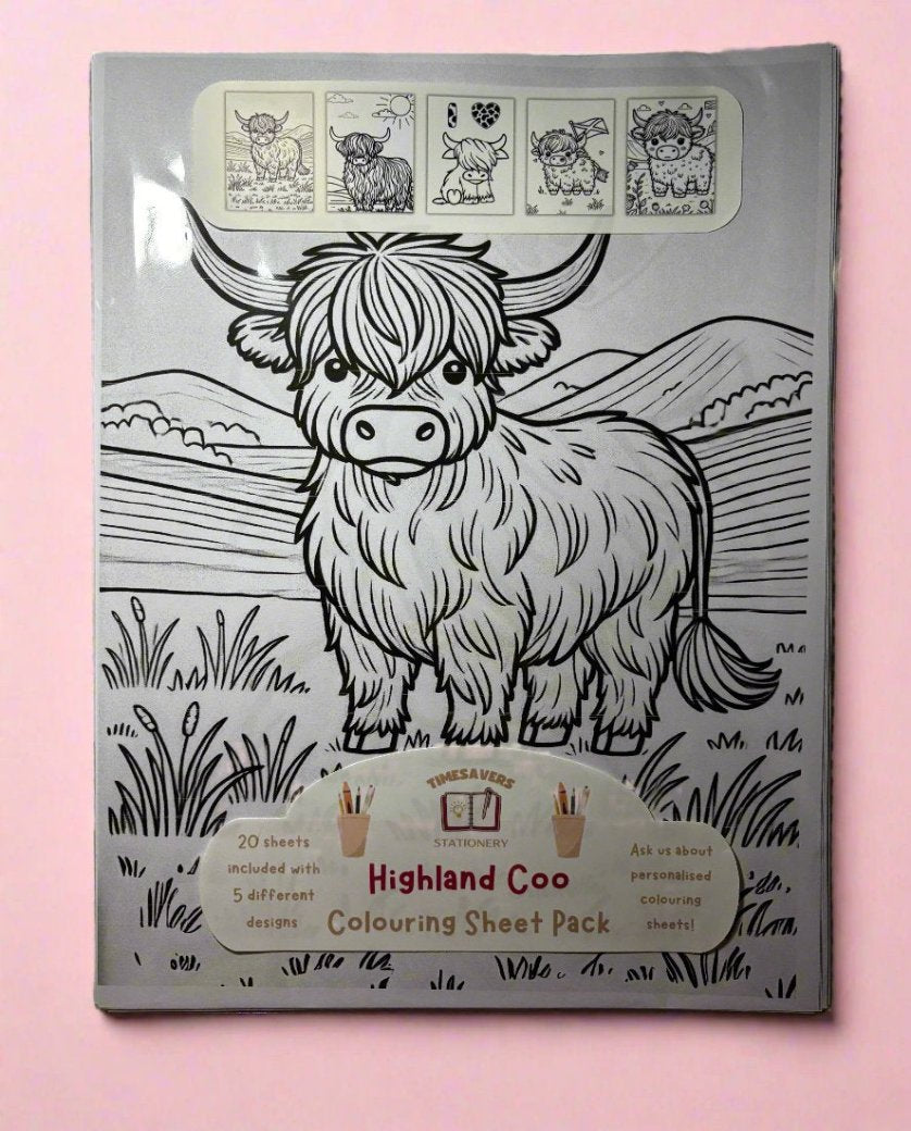 Highland Coo colouring sheet pack - 5 designs, 20 sheets